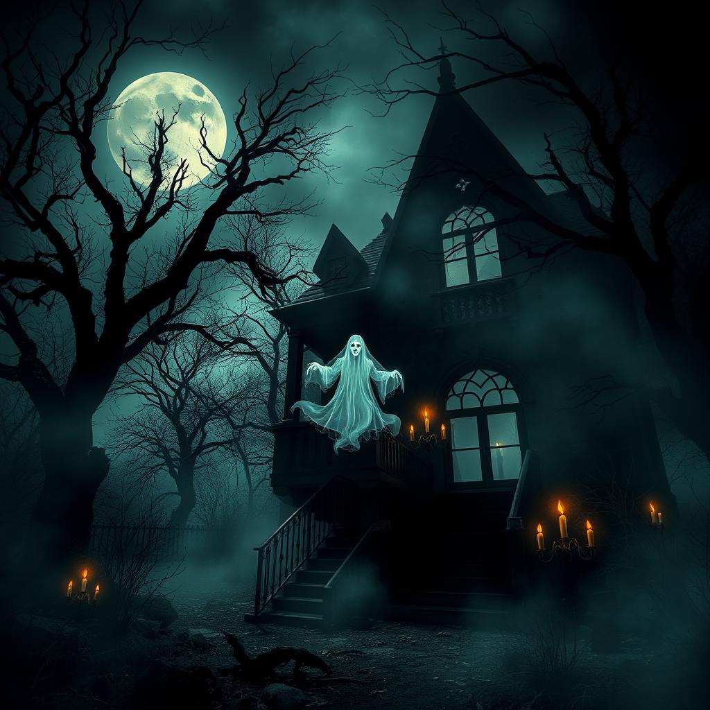 A chilling scene of a haunted, decrepit mansion at night, entitled "Cosikas Rarunas"