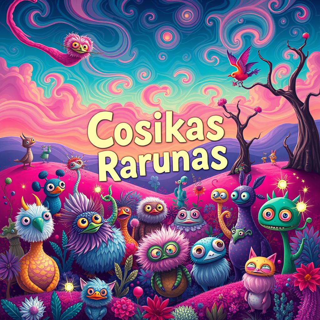 A vibrant, whimsical illustration inspired by the title "Cosikas Rarunas" featuring a collection of quirky and fantastical creatures in a fantastical landscape