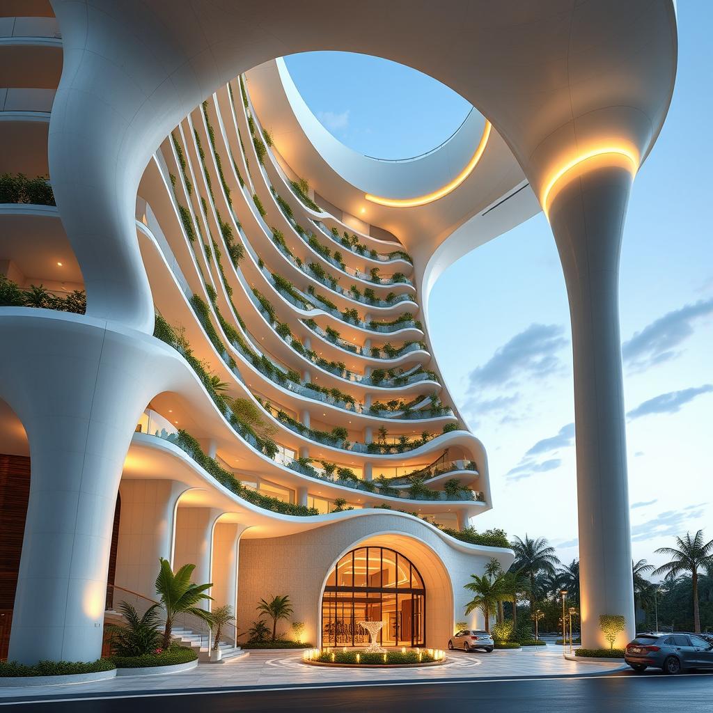 Design of a 15-story building with a dynamic form inspired by ocean waves reaching skyward, conveying a sense of movement and nature