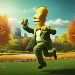 Homer Simpson, in a suave suit, energetically jogging through a green park, gulping down an energizing Monster energy drink from a distinguishable can. The vibrant scenery providing a bright backdrop for this uncommon sight.