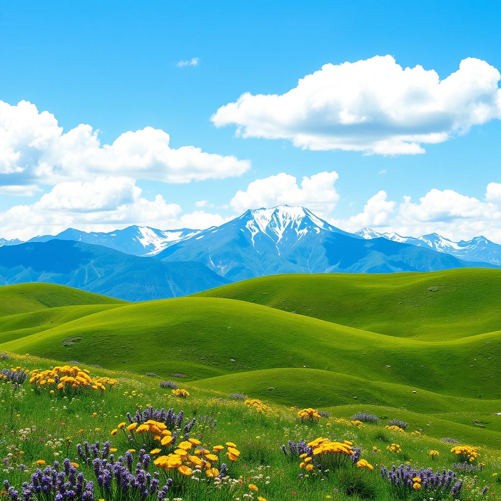 A stunning scenic landscape designed for a phone wallpaper, featuring green rolling hills under a clear blue sky