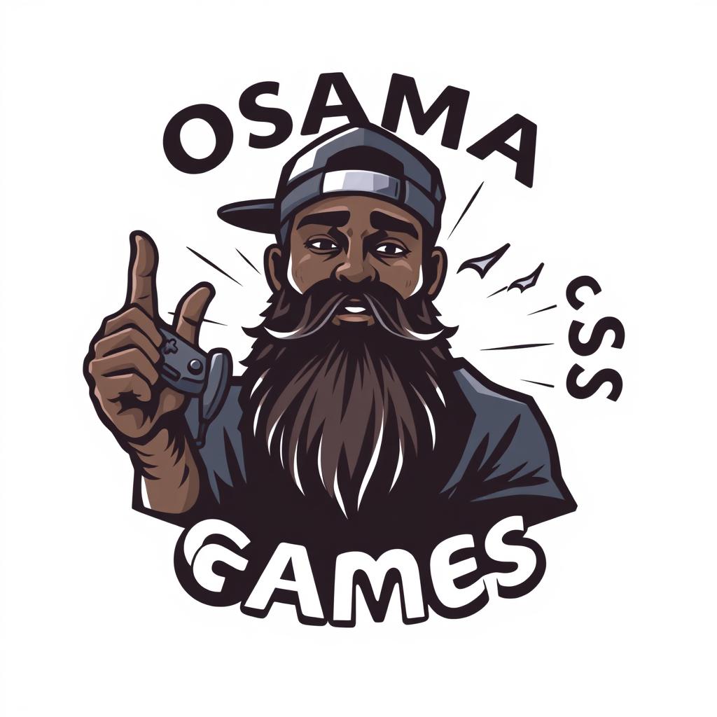 A logo design featuring a dark-skinned man with a large beard, wearing a backward cap