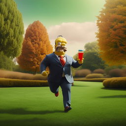 Homer Simpson, in a suave suit, energetically jogging through a green park, gulping down an energizing Monster energy drink from a distinguishable can. The vibrant scenery providing a bright backdrop for this uncommon sight.