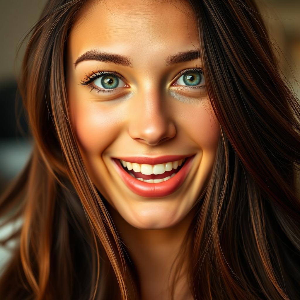 A close-up of a young woman with long, flowing brunette hair and striking green eyes, animatedly speaking
