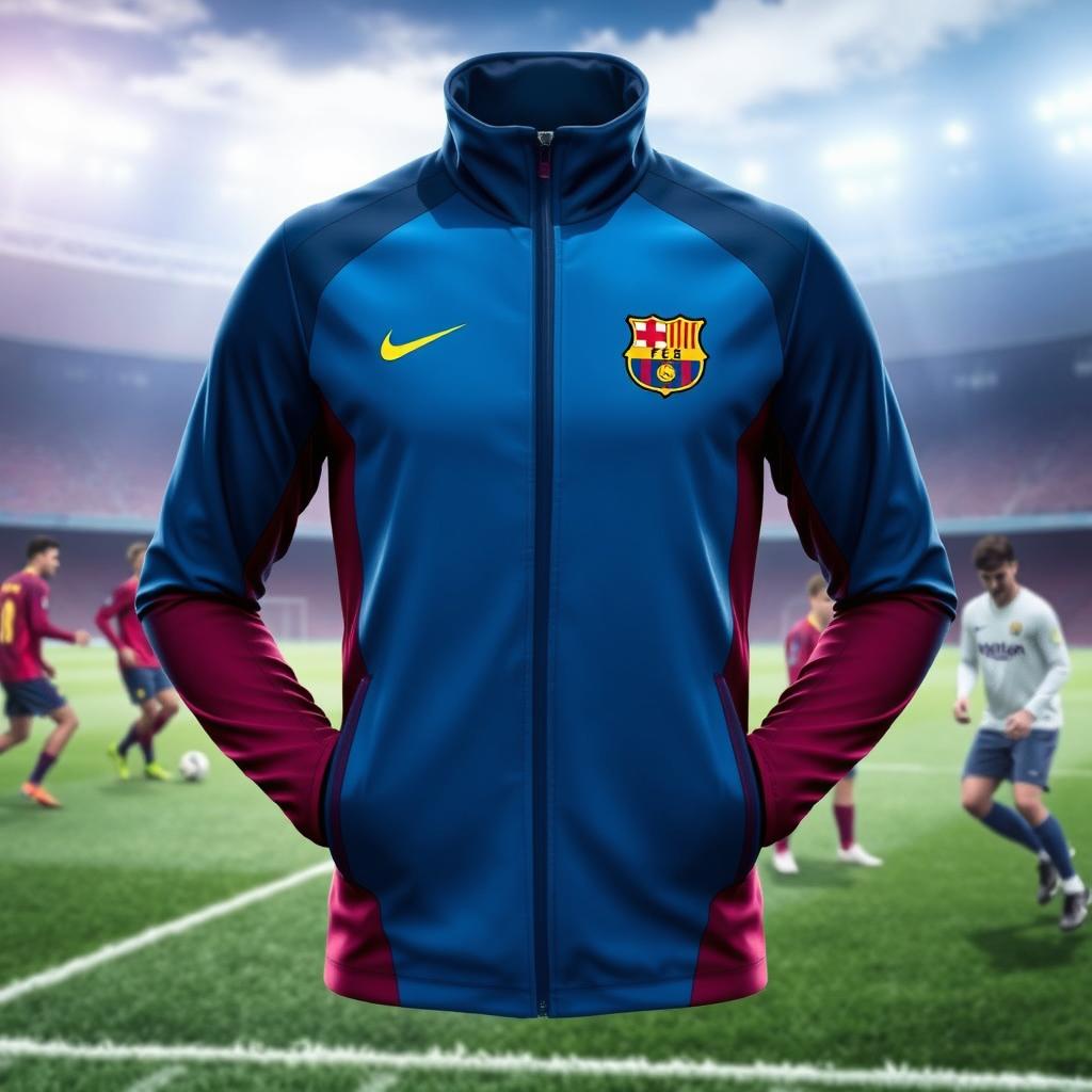 A sleek and modern Nike tech jacket designed for FC Barcelona fans