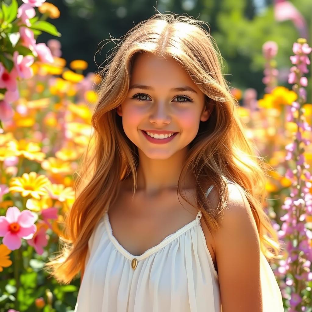 A young, radiant woman with a soft and youthful appearance, standing in a sunlit garden filled with colorful flowers