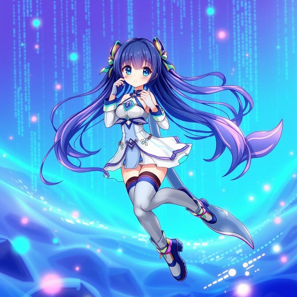 An anime girl in a dynamic pose, featuring a whale tail as part of her attire, set against a vibrant cyber-ocean theme