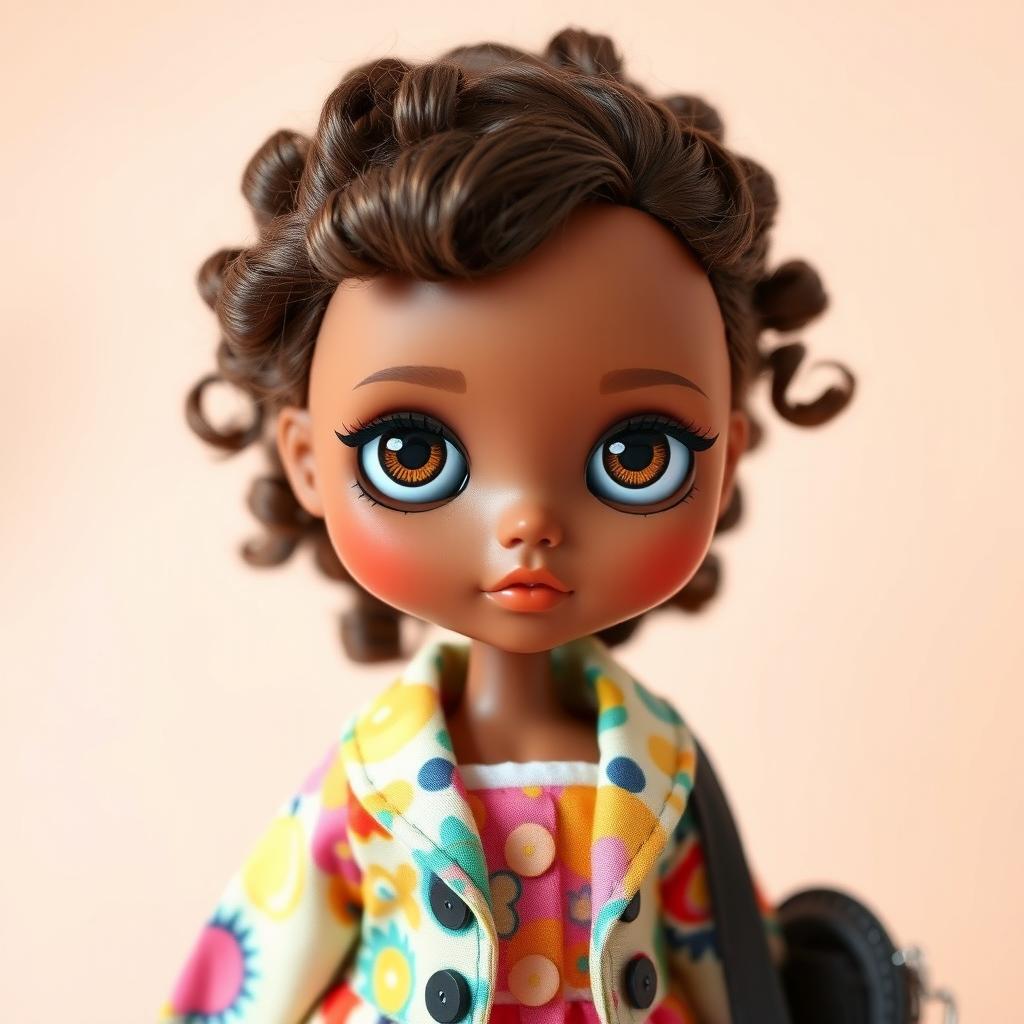 A Blythe doll with bright brown hair, maintaining the exact same facial features, showcasing soft brown skin and a full set of beautifully styled black curls
