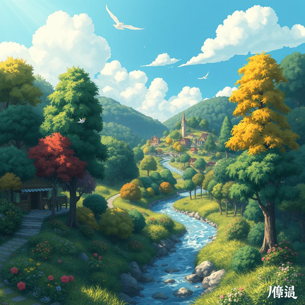A whimsical and enchanting scene reminiscent of Studio Ghibli's style, featuring lush green forests with vibrant colors, magical creatures peeking from behind trees, and fluffy clouds drifting in a bright blue sky