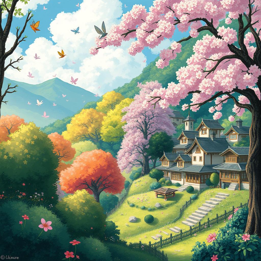 A whimsical, enchanting illustration in a Studio Ghibli style, combining elements from two distinct images: one featuring a vibrant, lush forest scene with magical creatures like fairies and spirits flitting amongst the trees, while the other depicts a serene, traditional Japanese village with quaint houses nestled in the hills and cherry blossom trees in full bloom
