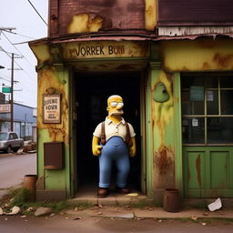 Homer Simpson, visibly sweating and panting for breath, standing outside a timeworn, rundown pub. The building is aged, with peeling paint and crooked signage, contributing to a nostalgic ambiance.