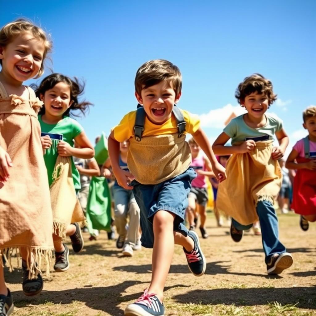 A lively and cheerful scene at a sack race event, featuring a group of children racing joyfully