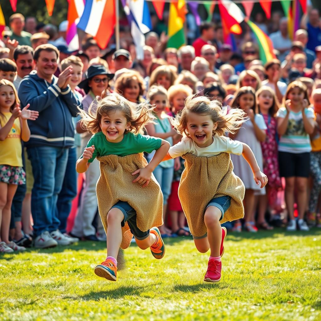 Two children racing aggressively in a sack race towards the finish line, their faces full of excitement and determination
