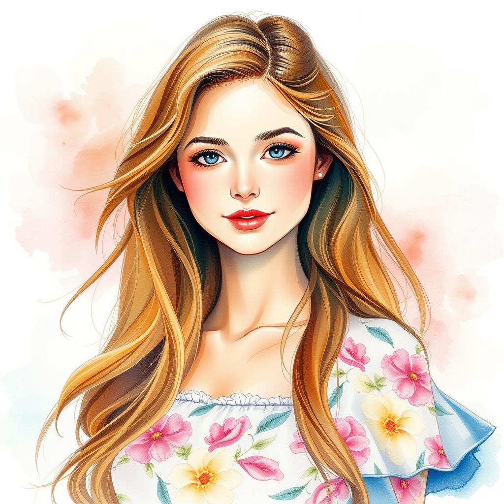A beautiful watercolor portrait of a woman, featuring soft brush strokes and vibrant colors