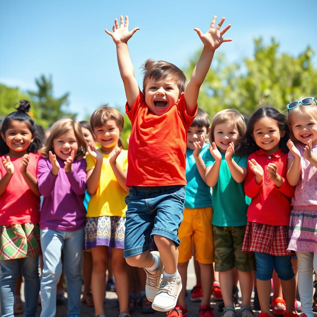 A joyful scene of children celebrating a victory, with one child jumping in excitement at the front, surrounded by others who are clapping enthusiastically