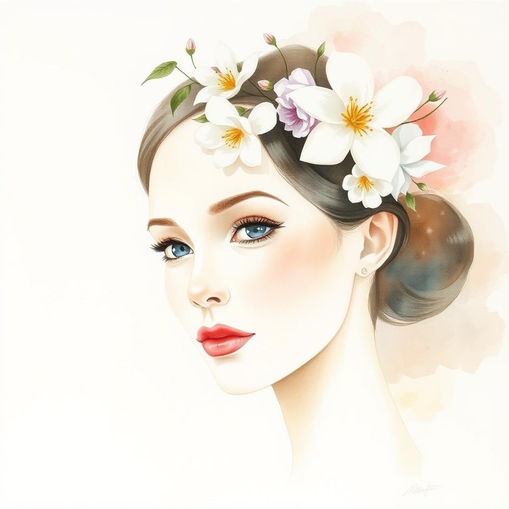 A watercolor portrait of a woman with delicate flowers adorning her head, capturing the essence of minimalism and abstract art