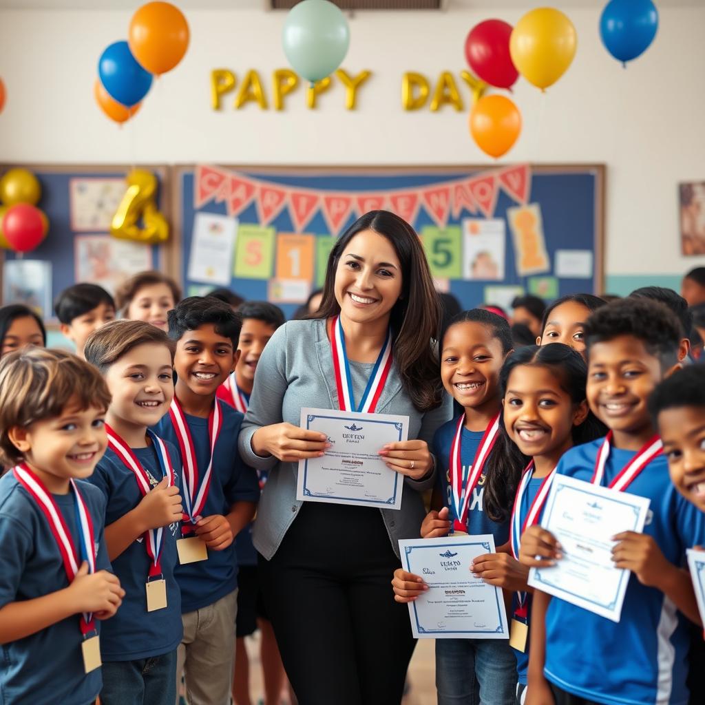 A joyful celebration scene in a school setting, where a female teacher celebrates the achievements of her students
