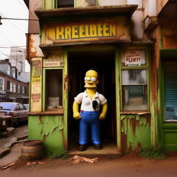 Homer Simpson, visibly sweating and panting for breath, standing outside a timeworn, rundown pub. The building is aged, with peeling paint and crooked signage, contributing to a nostalgic ambiance.