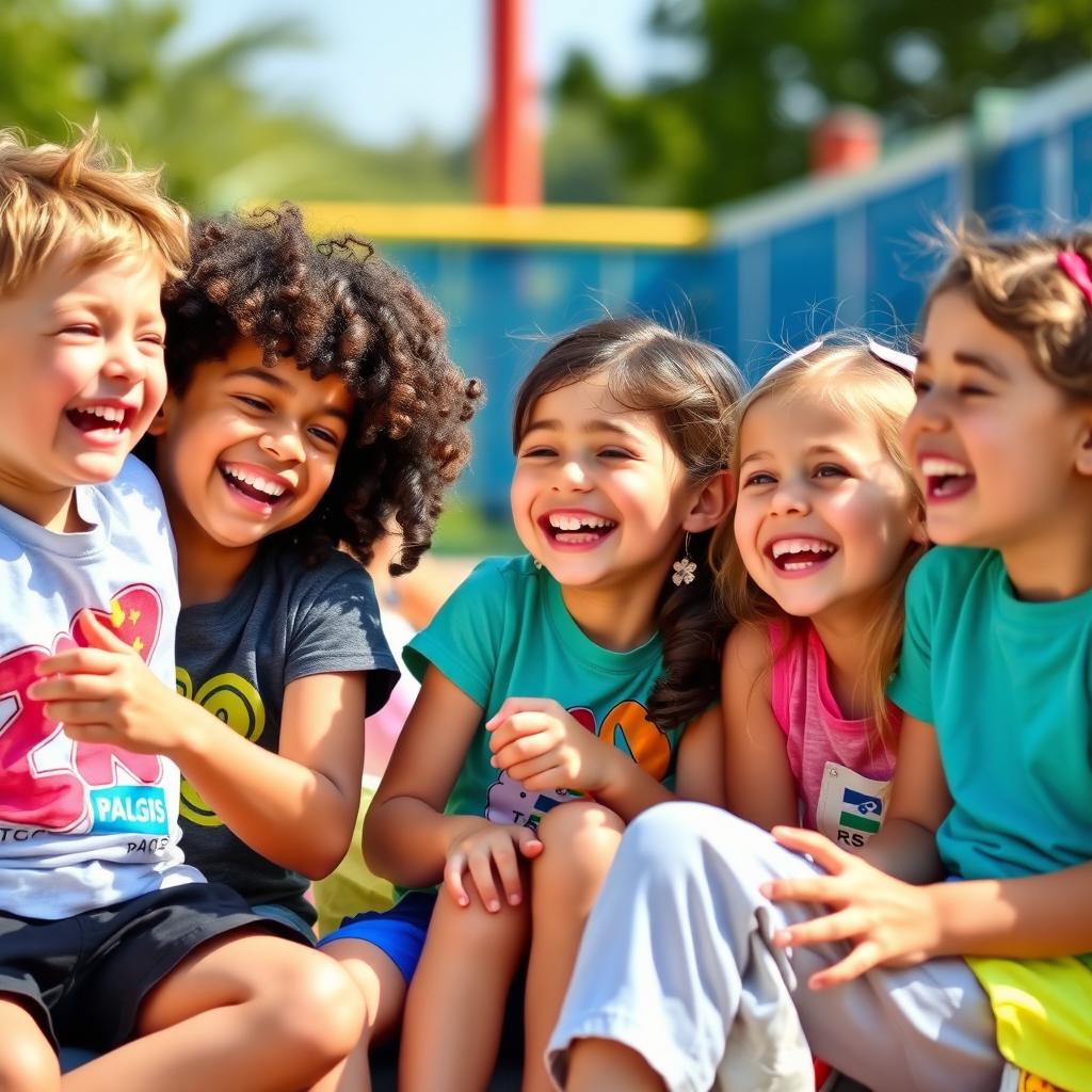 A lively and cheerful scene depicting a group of children sitting together, laughing and sharing funny memories from a race they participated in