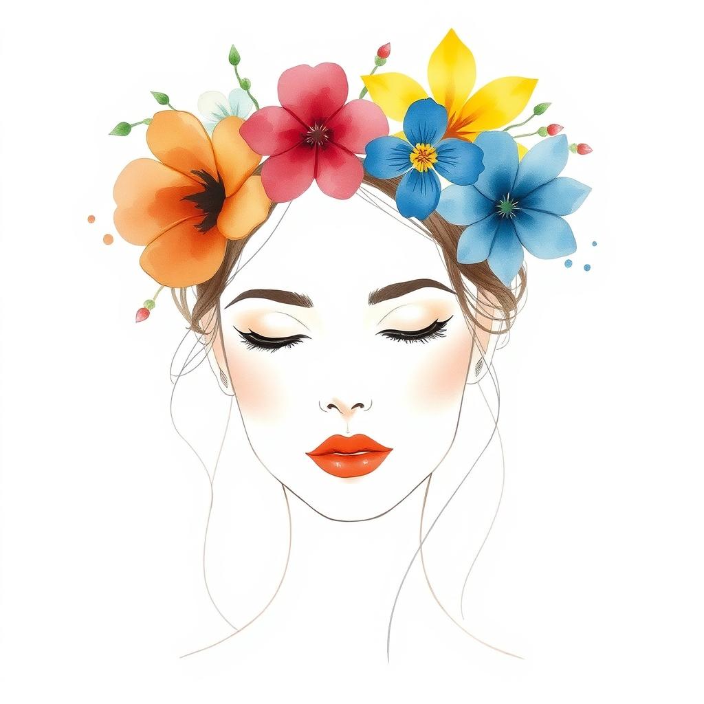 A minimalist abstract watercolor portrait of a woman with an elegant expression, adorned with a crown of vibrant flowers on her head, showcasing soft, flowing lines and delicate color transitions that blend seamlessly into each other