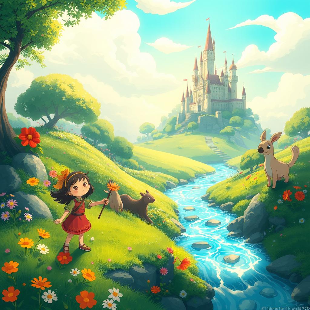 A vibrant and whimsical fantasy scene reminiscent of Studio Ghibli films, featuring lush green landscapes, fantastical creatures, and a majestic castle in the background