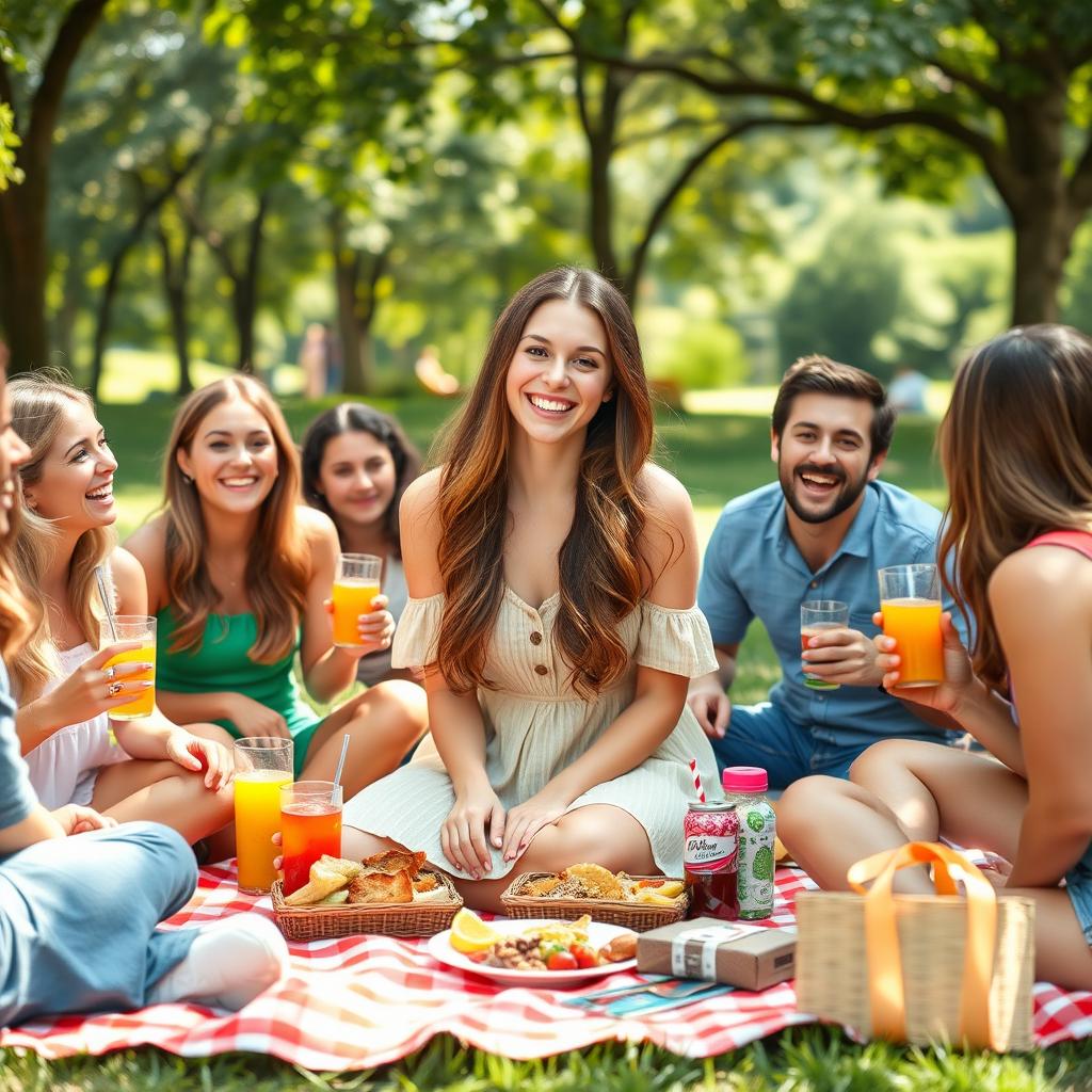 A lively group of friends gathered together for a casual outdoor picnic in a vibrant park