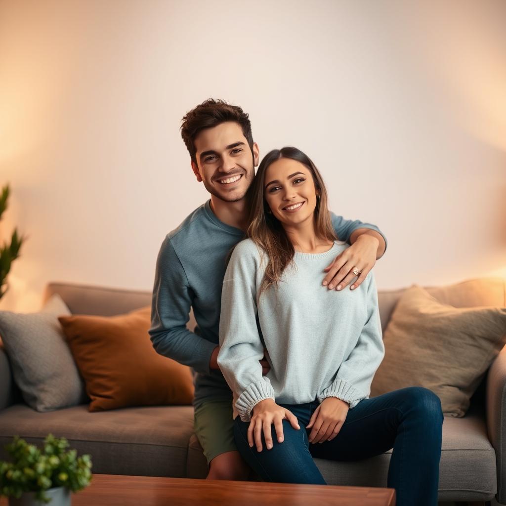 A cozy living room scene featuring a young couple