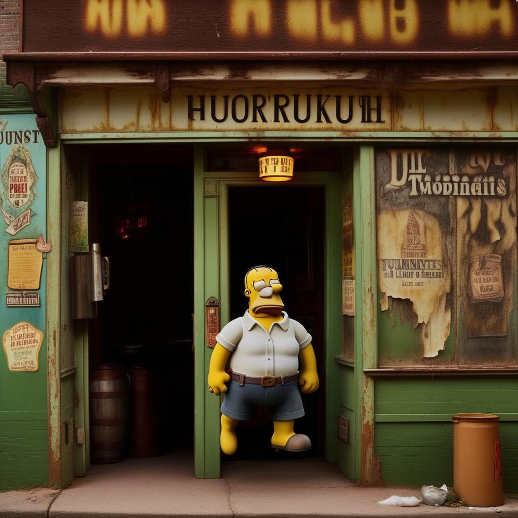 Homer Simpson, visibly sweating and panting for breath, standing outside a timeworn, rundown pub. The building is aged, with peeling paint and crooked signage, contributing to a nostalgic ambiance.