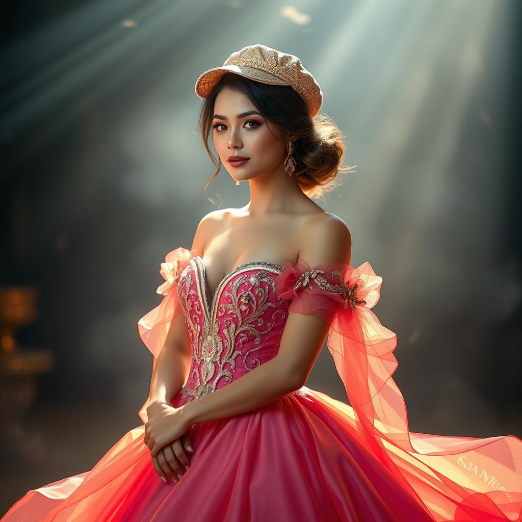 A beautiful woman wearing a stunning, elegantly designed gown with intricate details and a flattering silhouette