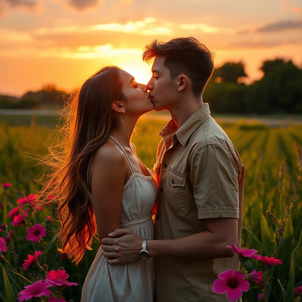 A romantic scene of a young couple sharing a tender kiss under a beautiful sunset