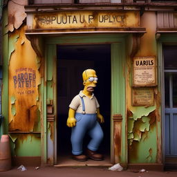 Homer Simpson, visibly sweating and panting for breath, standing outside a timeworn, rundown pub. The building is aged, with peeling paint and crooked signage, contributing to a nostalgic ambiance.