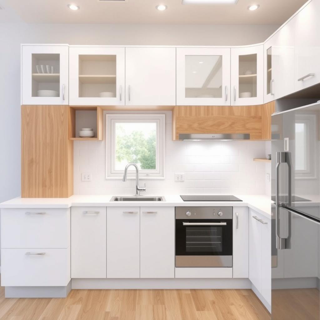 A beautifully designed L-shaped kitchen cabinet layout featuring a main section of 4 meters starting on the right side with a sink, followed by an oven positioned farther from the corner, and a window directly after the oven