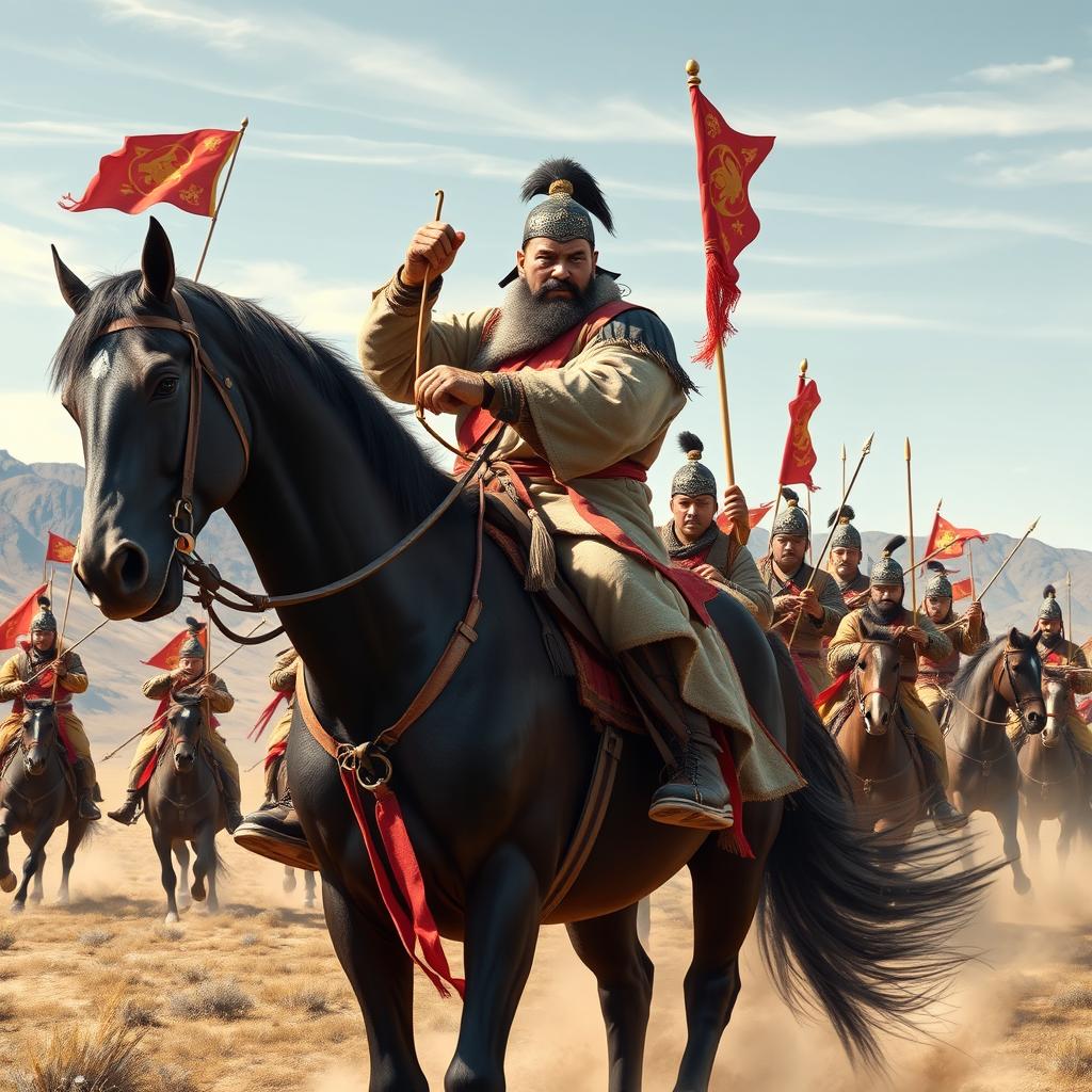 Modun Shanyu of the Xiongnu, confidently riding a powerful black stallion, stands tall on the stirrups, prepared to shoot with a traditional Mongolian horn bow
