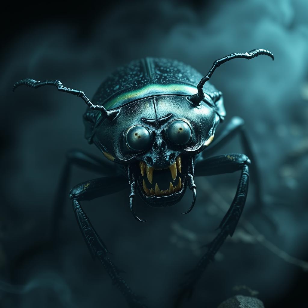 A terrifying beetle with a human-like face, showcasing intricate details in its anatomy