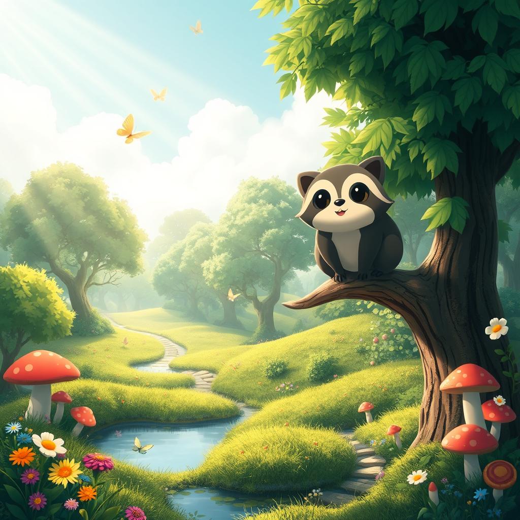 A whimsical forest scene inspired by Studio Ghibli's enchanting style, featuring lush green trees, vibrant flowers and a small, serene pond