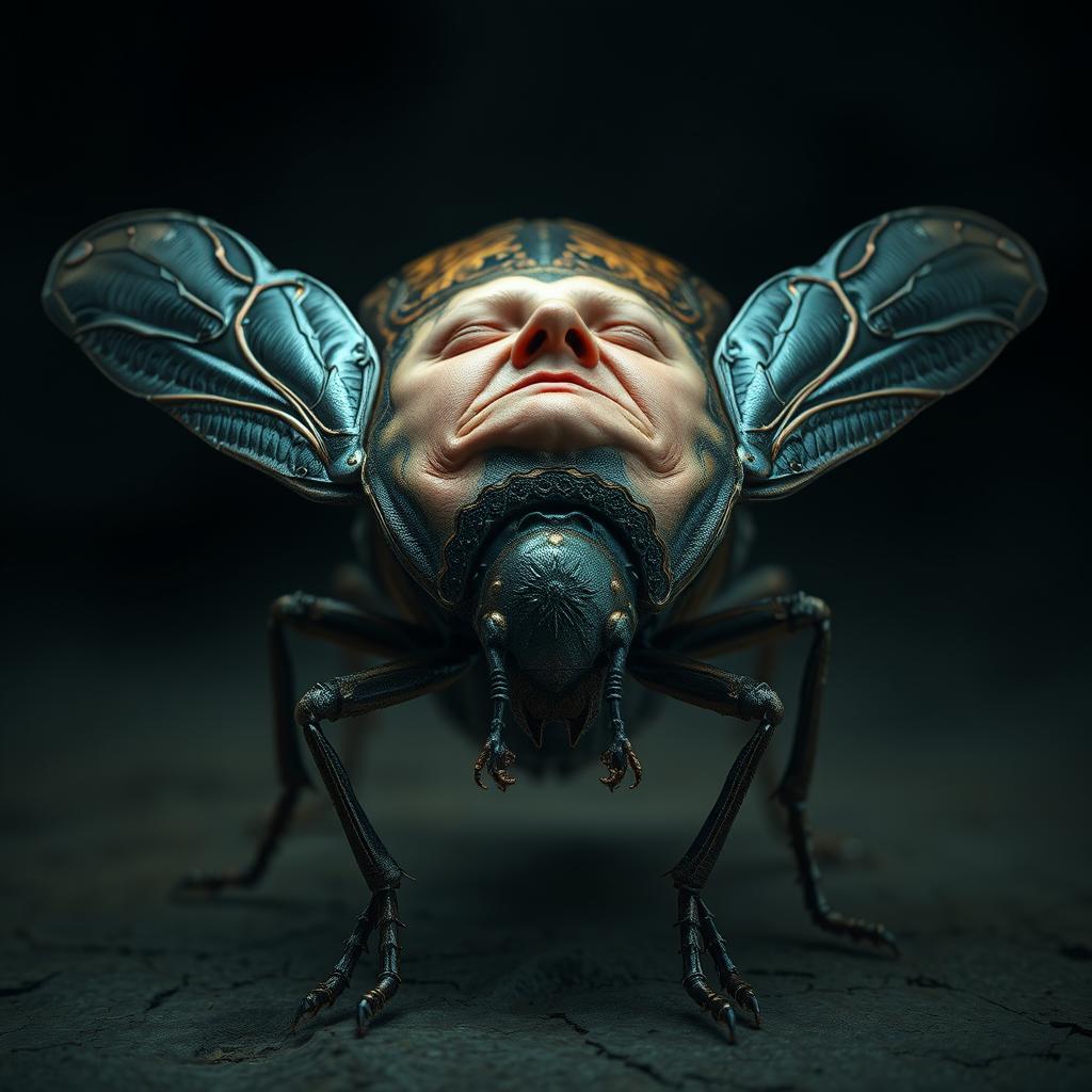 A surreal and intricate depiction of a beetle with a human face expressing agony