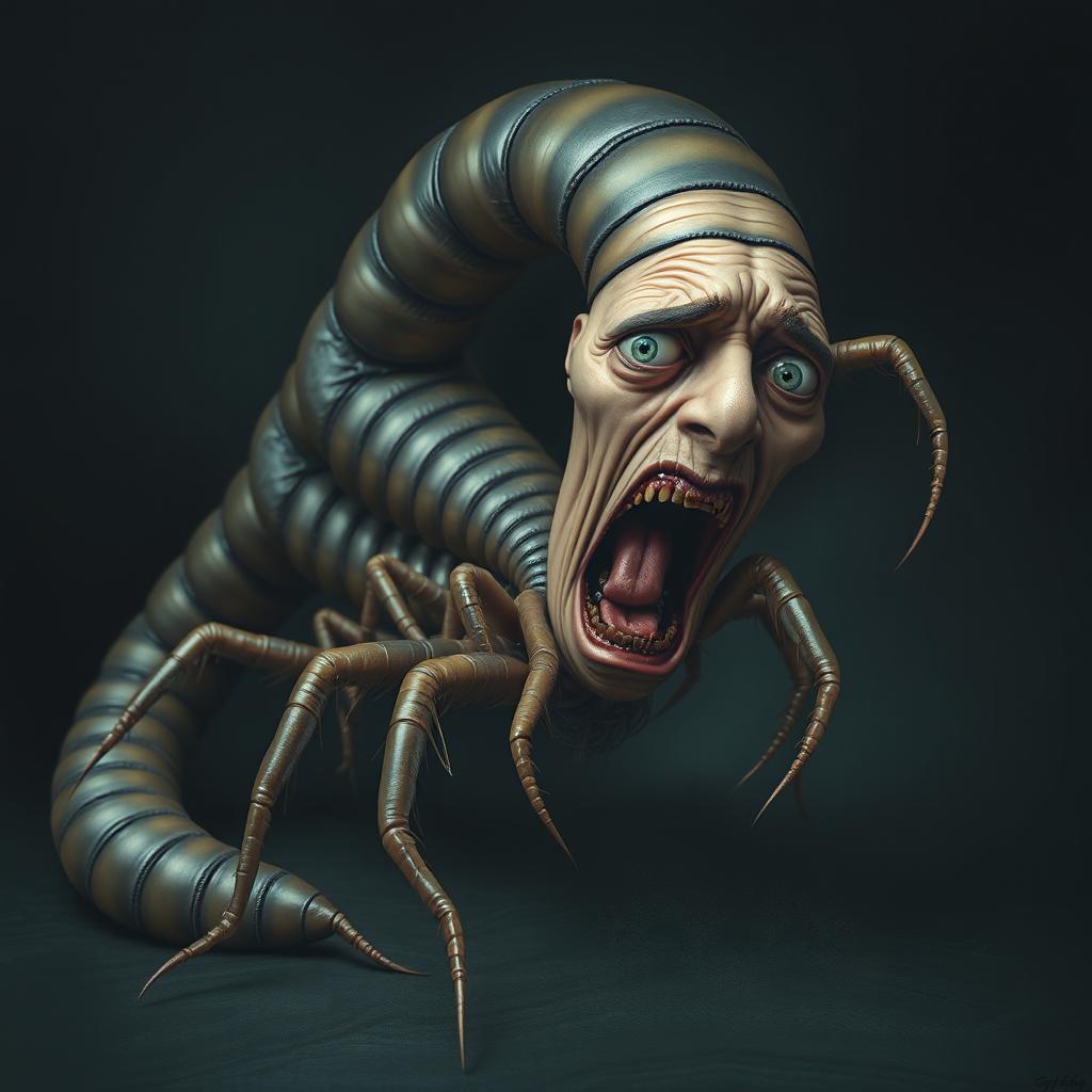 A surreal depiction of a centipede with a human face, expressing agony and suffering