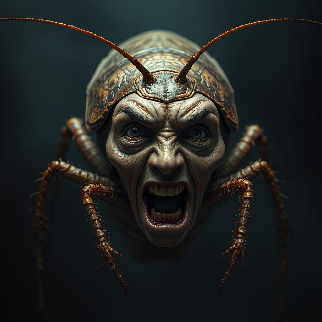 A highly detailed and surreal depiction of a cockroach with a human face, showcasing an agonizing expression