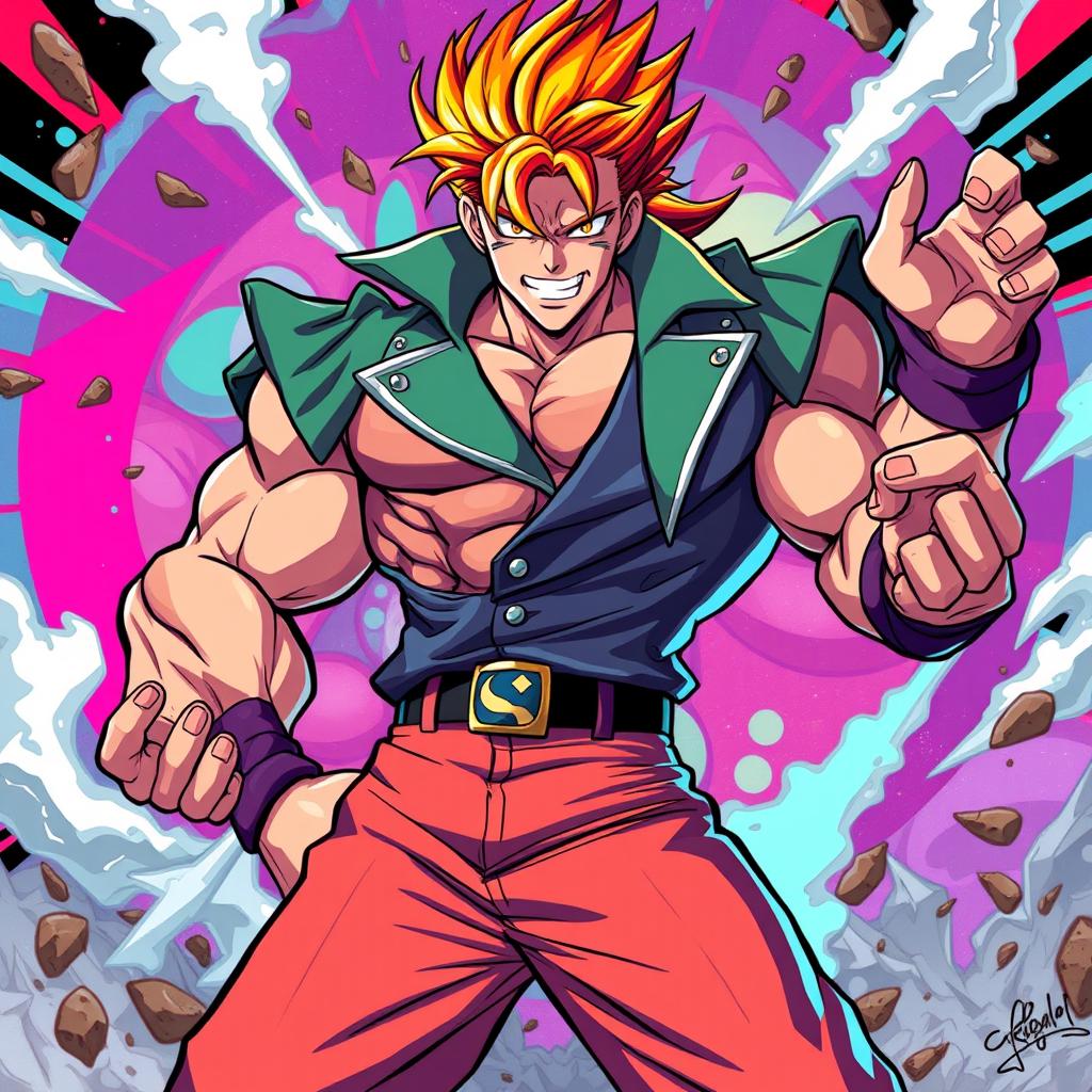 A dynamic and powerful character inspired by the strong and unique style of JoJo's Bizarre Adventure, featuring exaggerated muscular proportions, flamboyant clothing, and striking poses