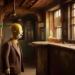 Homer Simpson, clad in a stylish suit, staring intently at a decrepit, old pub. The pub is weather-worn and aged, contrasting sharply with Homer's smart appearance.