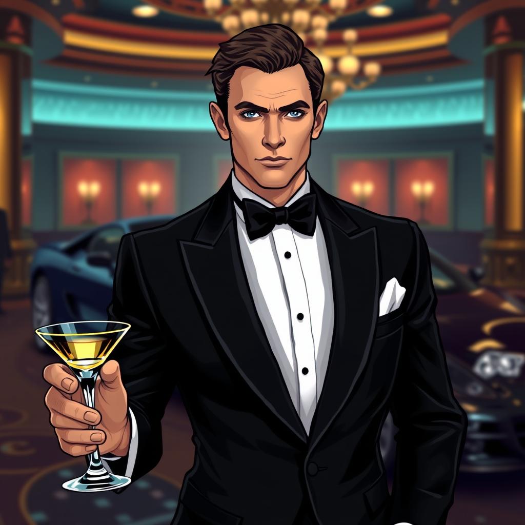 A stylish depiction of a person resembling a classic James Bond character, dressed in a sharp black tuxedo with a crisp white shirt and a black bow tie