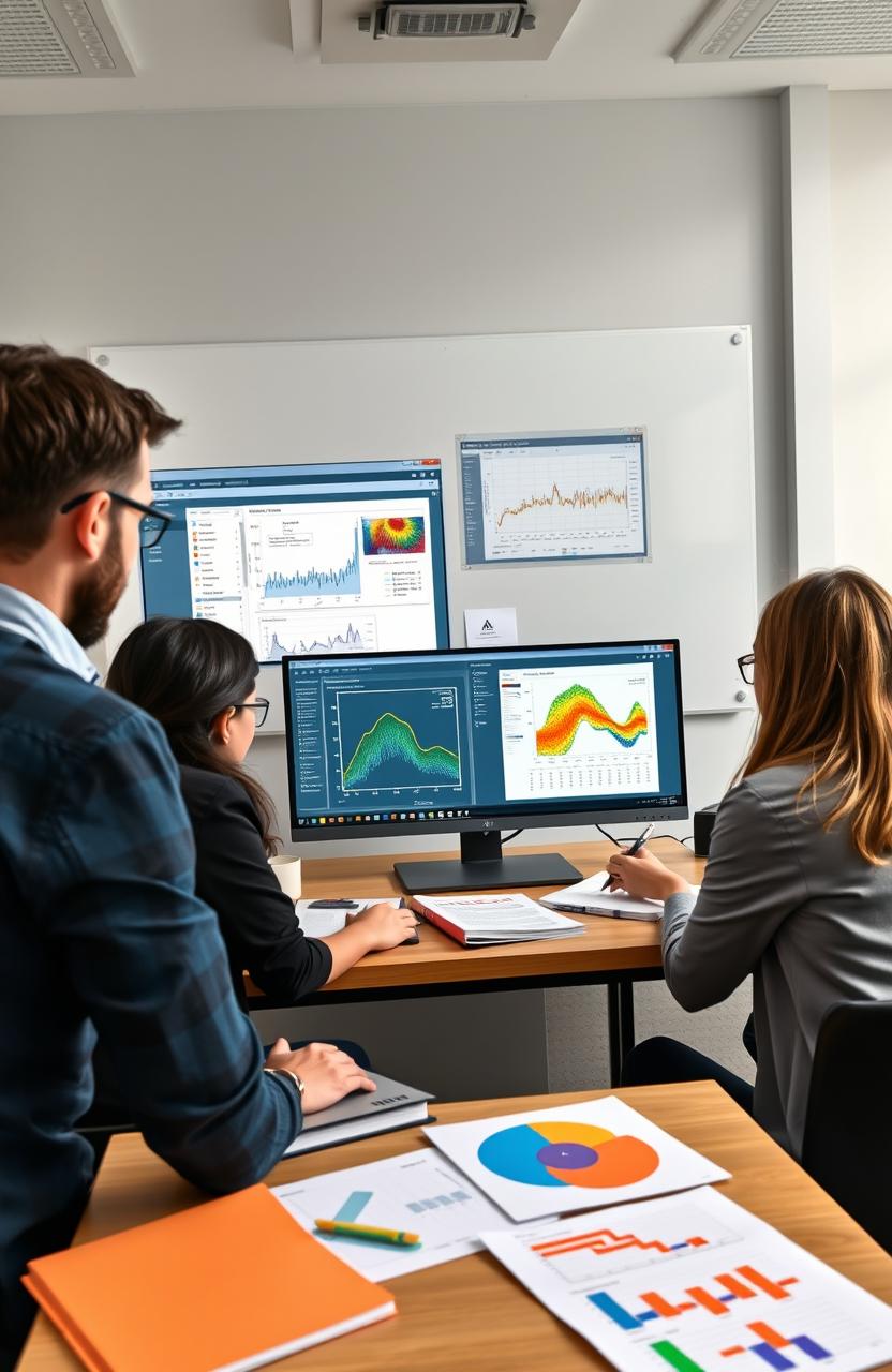 An educational image depicting a software tutorial for GeoStudio, showcasing intricately designed interfaces of the software