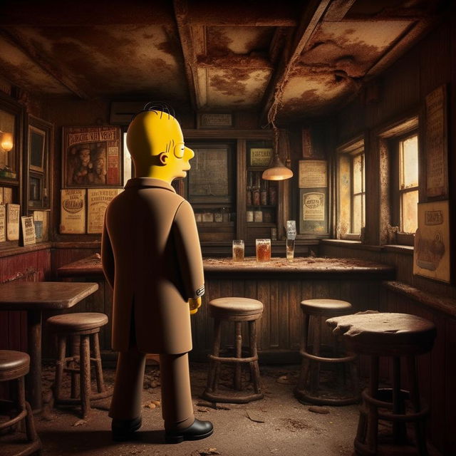 Homer Simpson, clad in a stylish suit, staring intently at a decrepit, old pub. The pub is weather-worn and aged, contrasting sharply with Homer's smart appearance.