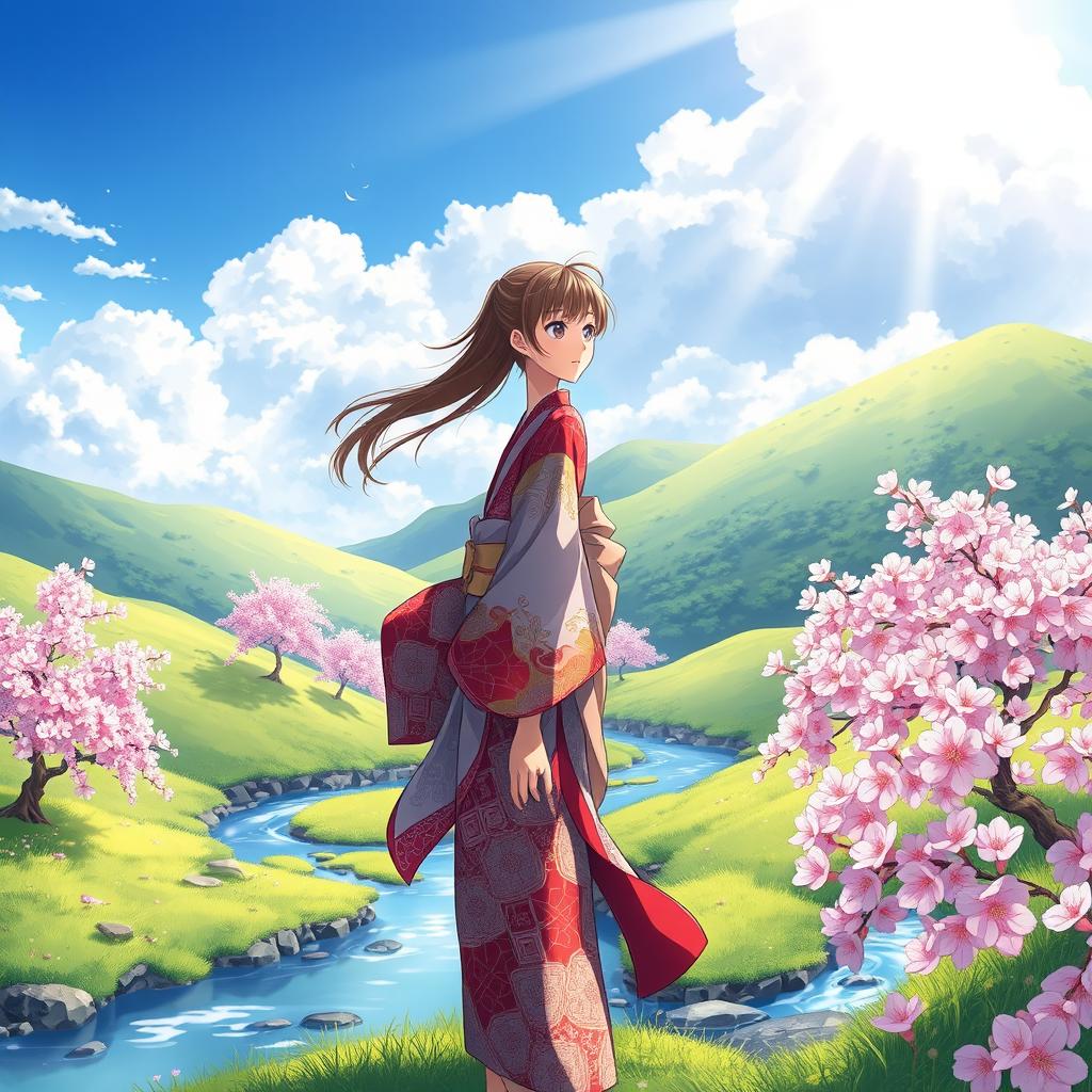 A beautiful anime-style illustration of a serene landscape, featuring lush green hills, cherry blossom trees in full bloom, and a gentle river flowing through the scene
