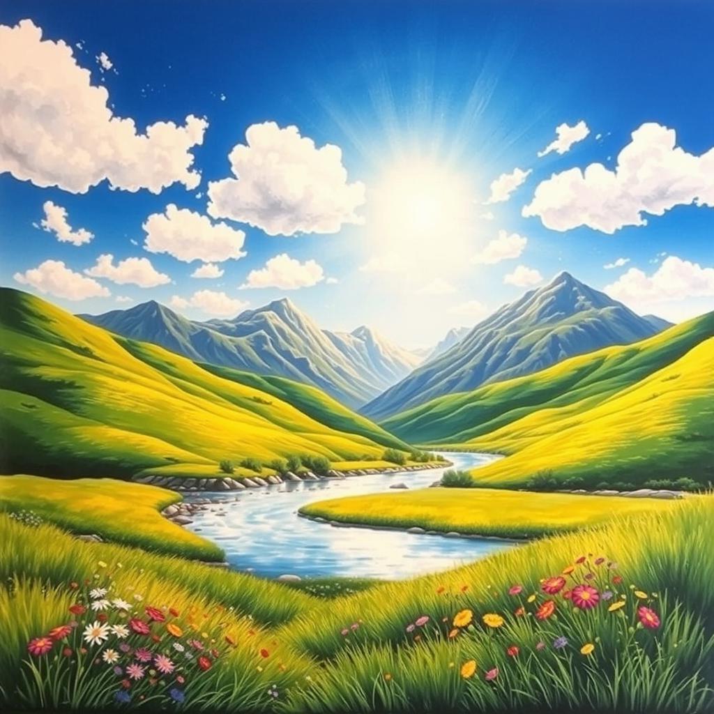 An exquisite art piece created on paper measuring 38cm by 28cm, showcasing a vibrant landscape filled with lush green hills under a bright blue sky dotted with fluffy white clouds