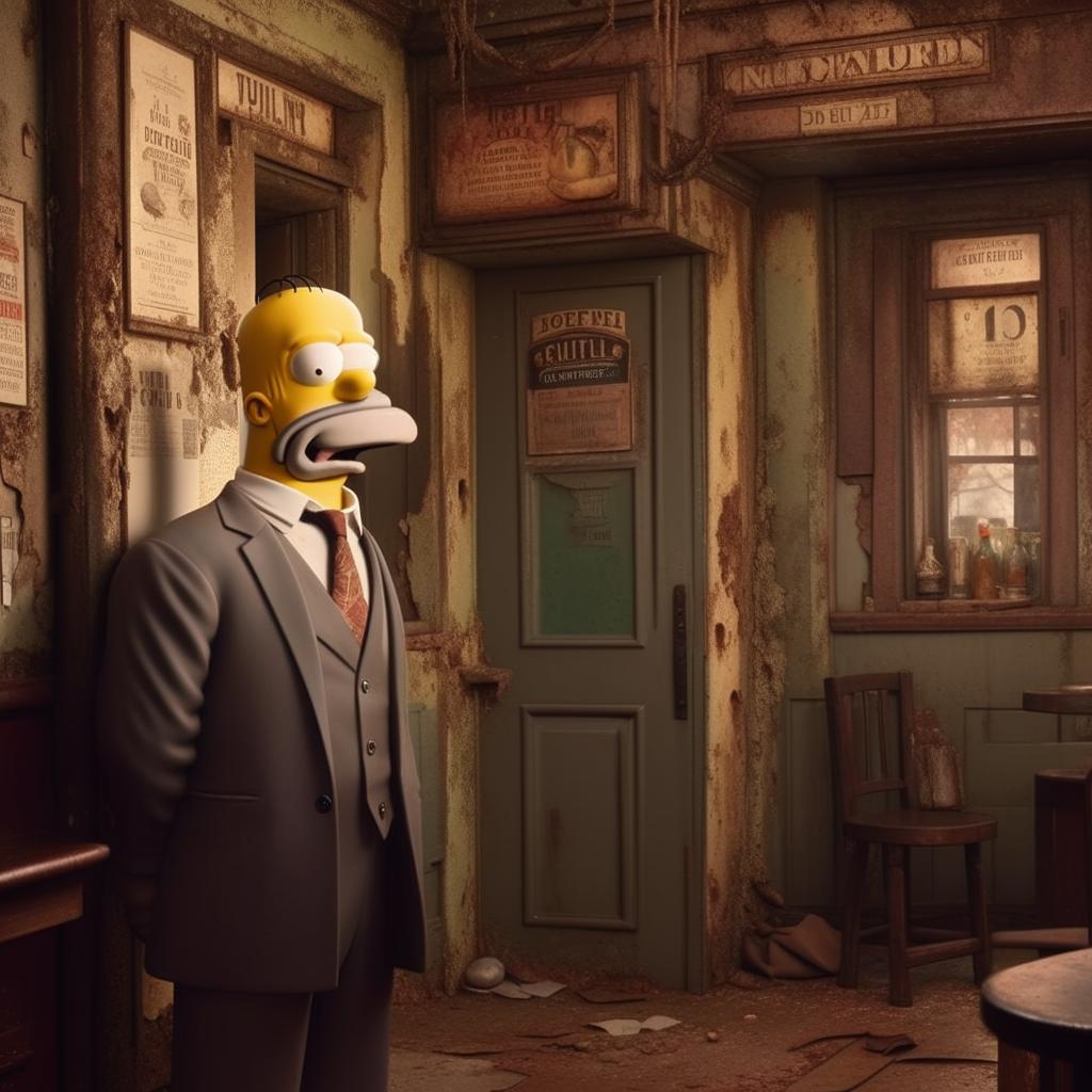 Homer Simpson, clad in a stylish suit, staring intently at a decrepit, old pub. The pub is weather-worn and aged, contrasting sharply with Homer's smart appearance.