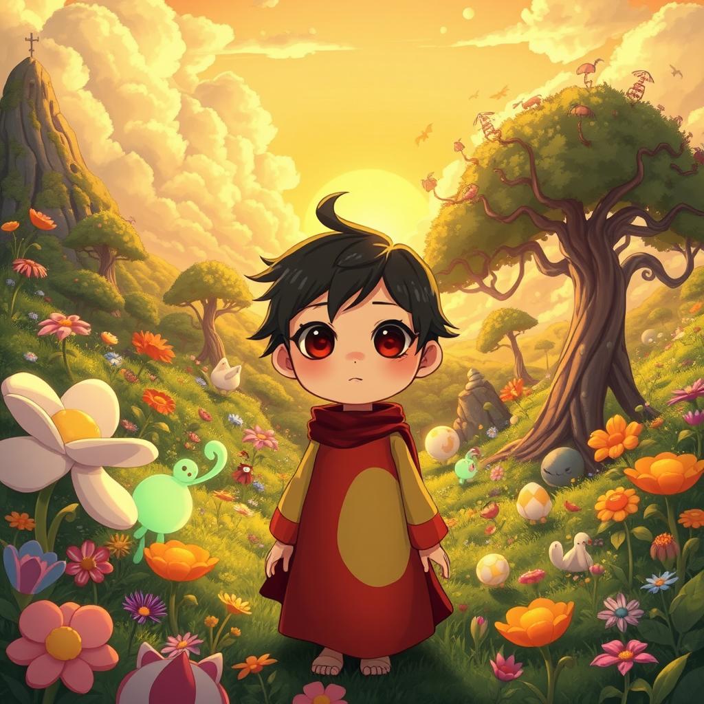 A beautifully illustrated scene in the distinct Ghibli style featuring lush, vibrant landscapes filled with whimsical elements