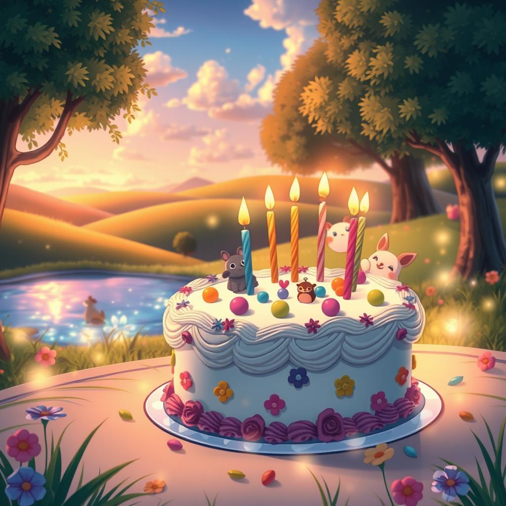 A whimsical and enchanting scene in the style of Studio Ghibli, featuring a beautifully decorated birthday cake adorned with colorful frosting, candles, and playful decorations