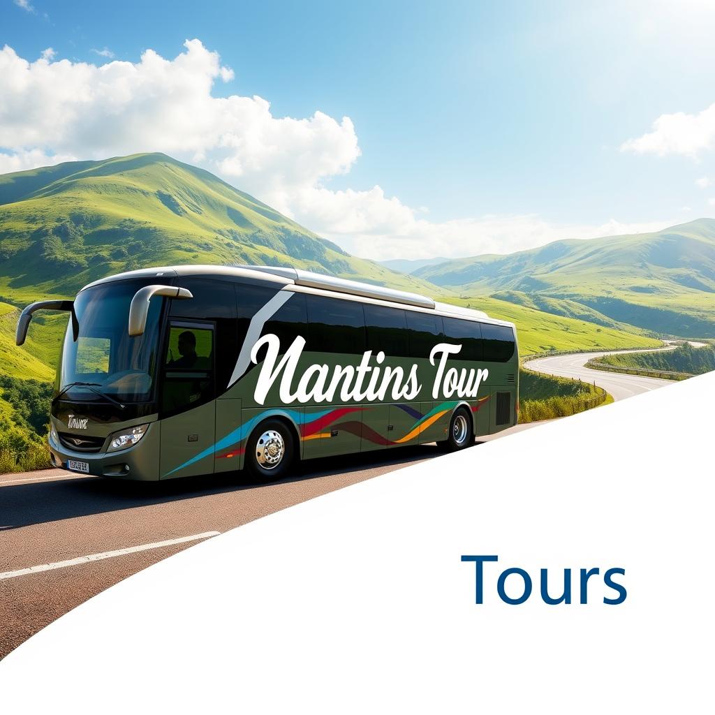 A picturesque scene of a scenic bus tour, featuring a stylish bus with 'Martins Tour' written prominently on it
