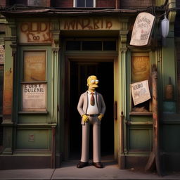 Homer Simpson dressed in a sleek suit, standing outside an ancient, worn-out pub. The contrast between Homer's professional attire and the pub's faded aura makes for a compelling image.